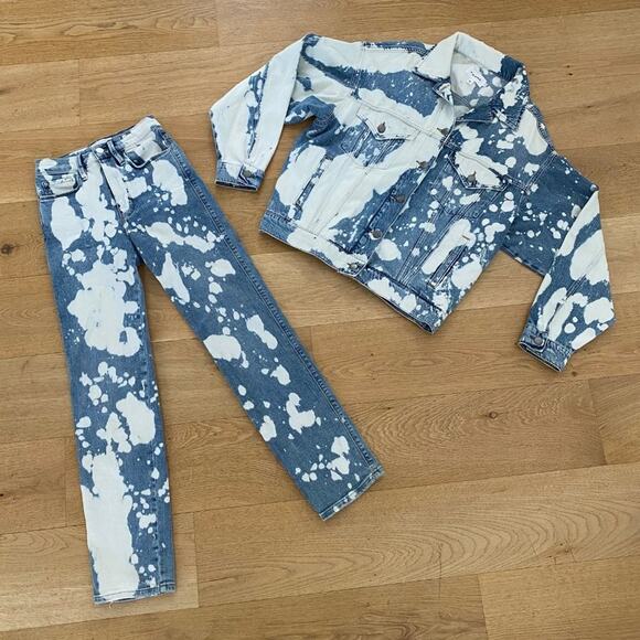 FRAME Le Oversized Jacket & Le Sylvie Splash Jeans in Blue & White - Picture 1 of 10